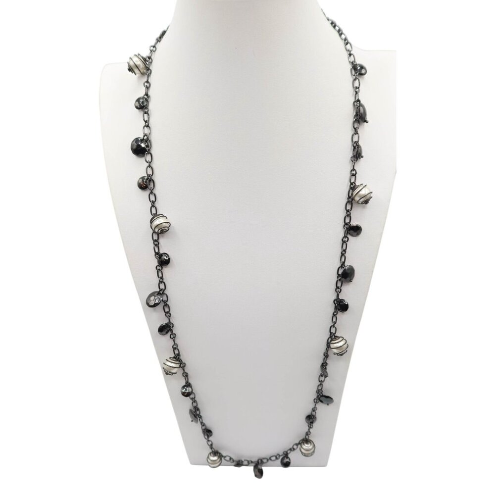 PREMIER DESIGNS Long Station Gunmetal Necklace Faux Pearl Dangle Charm Whimsigot